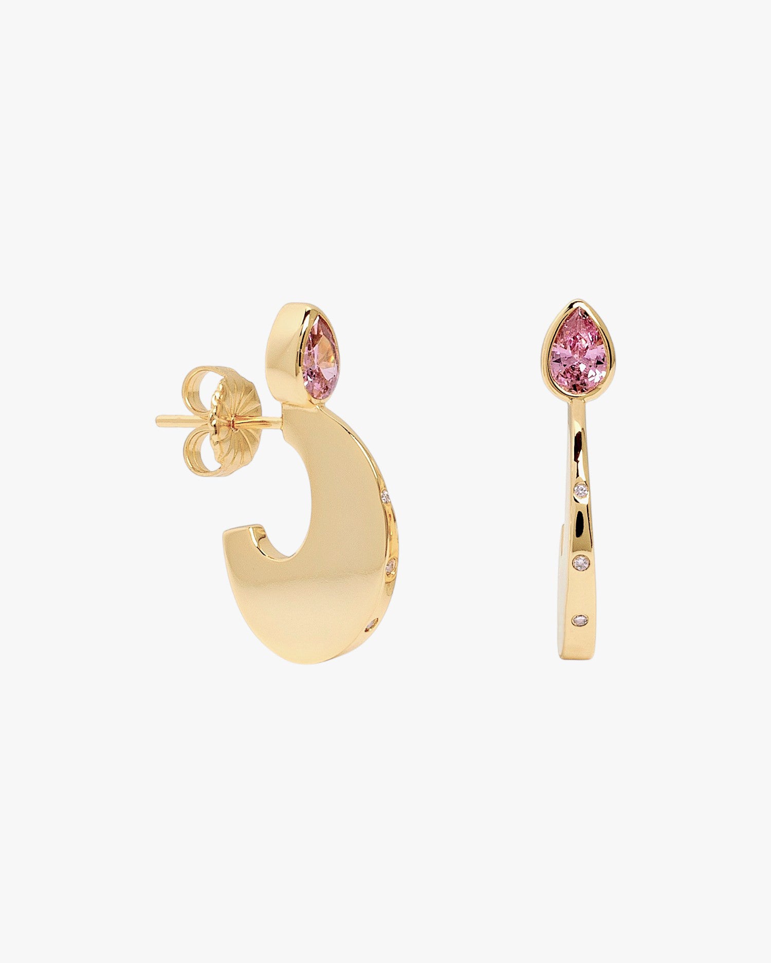 Boucles d'oreilles en argent plaqué or, pierre rose en goutte et zircons