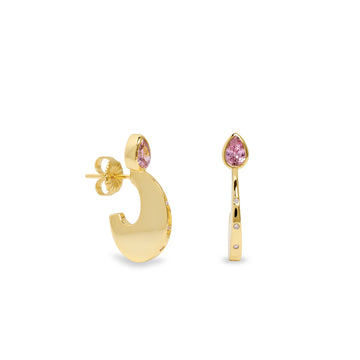 Silver earrings with gold plating, a pink drop-shaped stone, and cubic zirconia