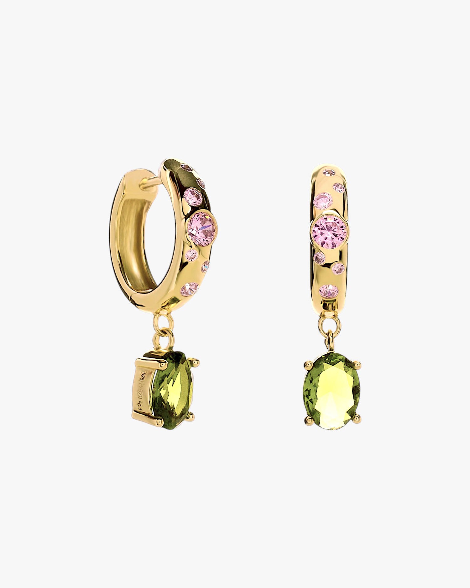 Boucles d'oreilles créoles en argent doré avec pierre verte et oxydes de zirconium roses