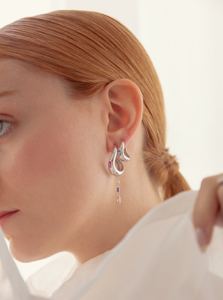 Boucles d'oreilles en argent avec pierres multicolores roses, vertes, ambrées et violettes