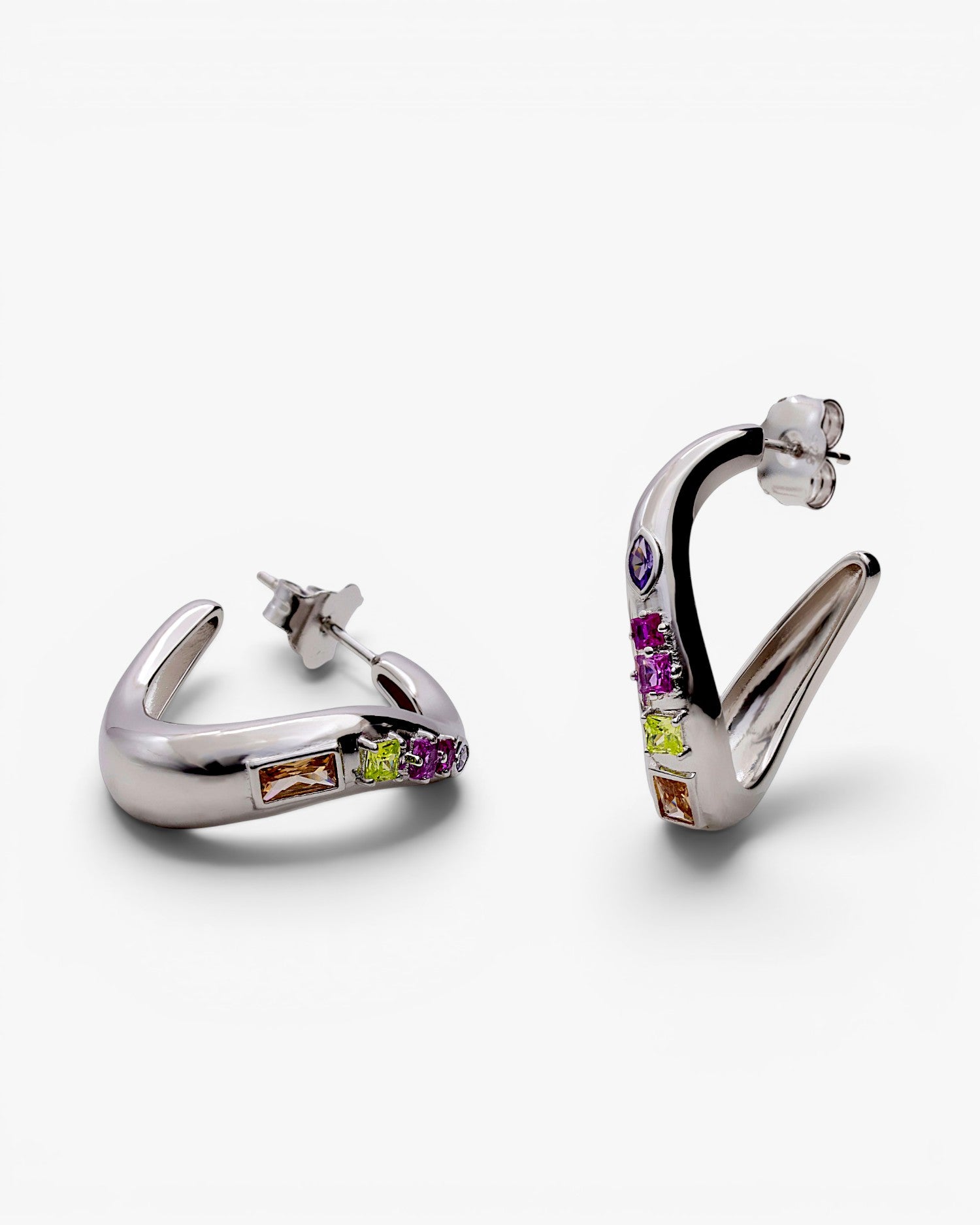 Boucles d'oreilles en argent avec pierres multicolores roses, vertes, ambrées et violettes