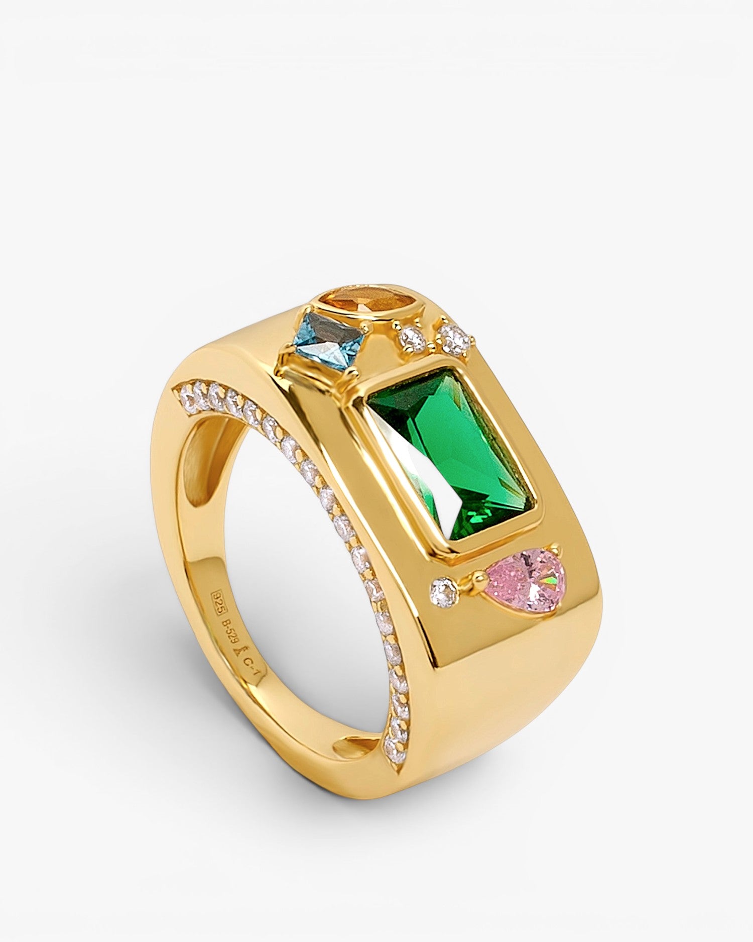 Bague en argent sterling plaqué or avec pierre verte et pierres colorées