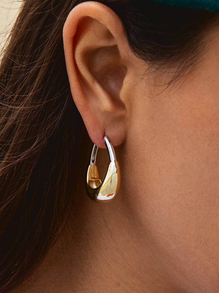 Oval two-tone silver wide hoop earrings