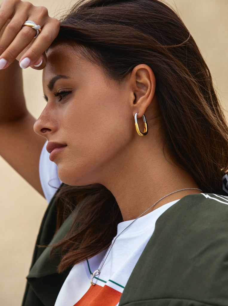 Square two-tone silver wide hoop earrings