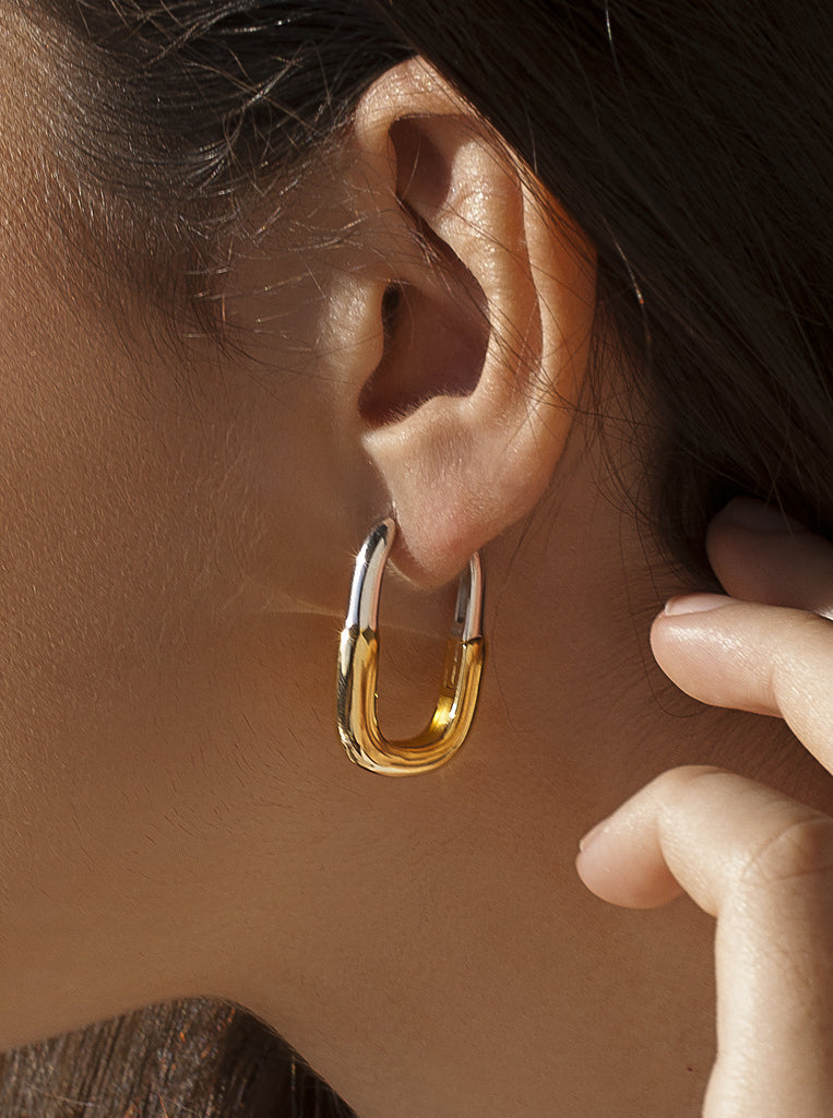 Square two-tone silver wide hoop earrings