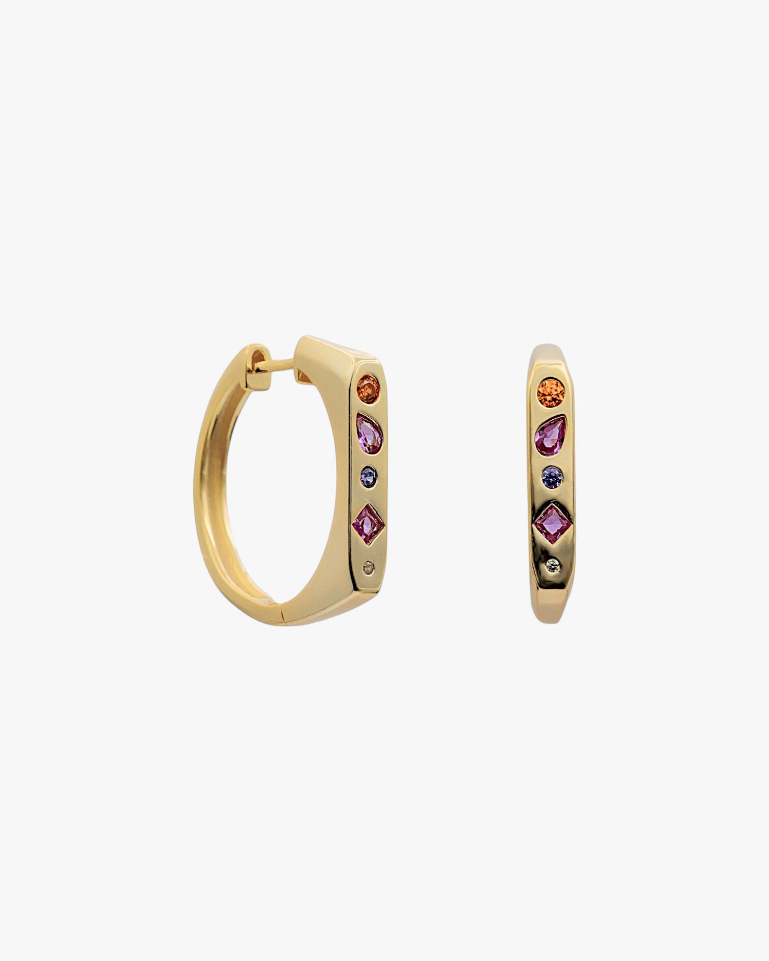 Gold-plated sterling silver hoop earrings with multi-colored embedded stones