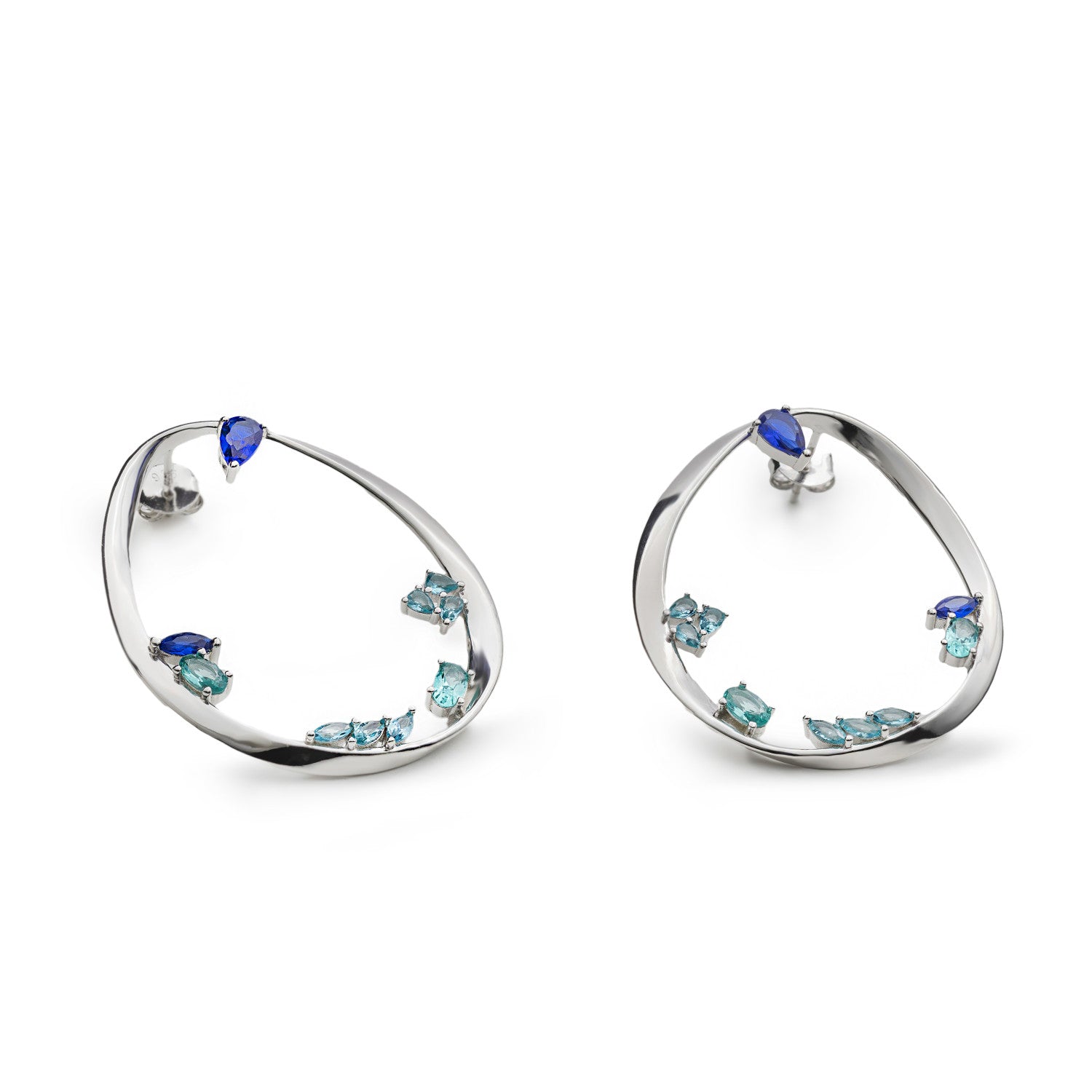 Pendientes de plata grandes originales con gemas en tonos azules