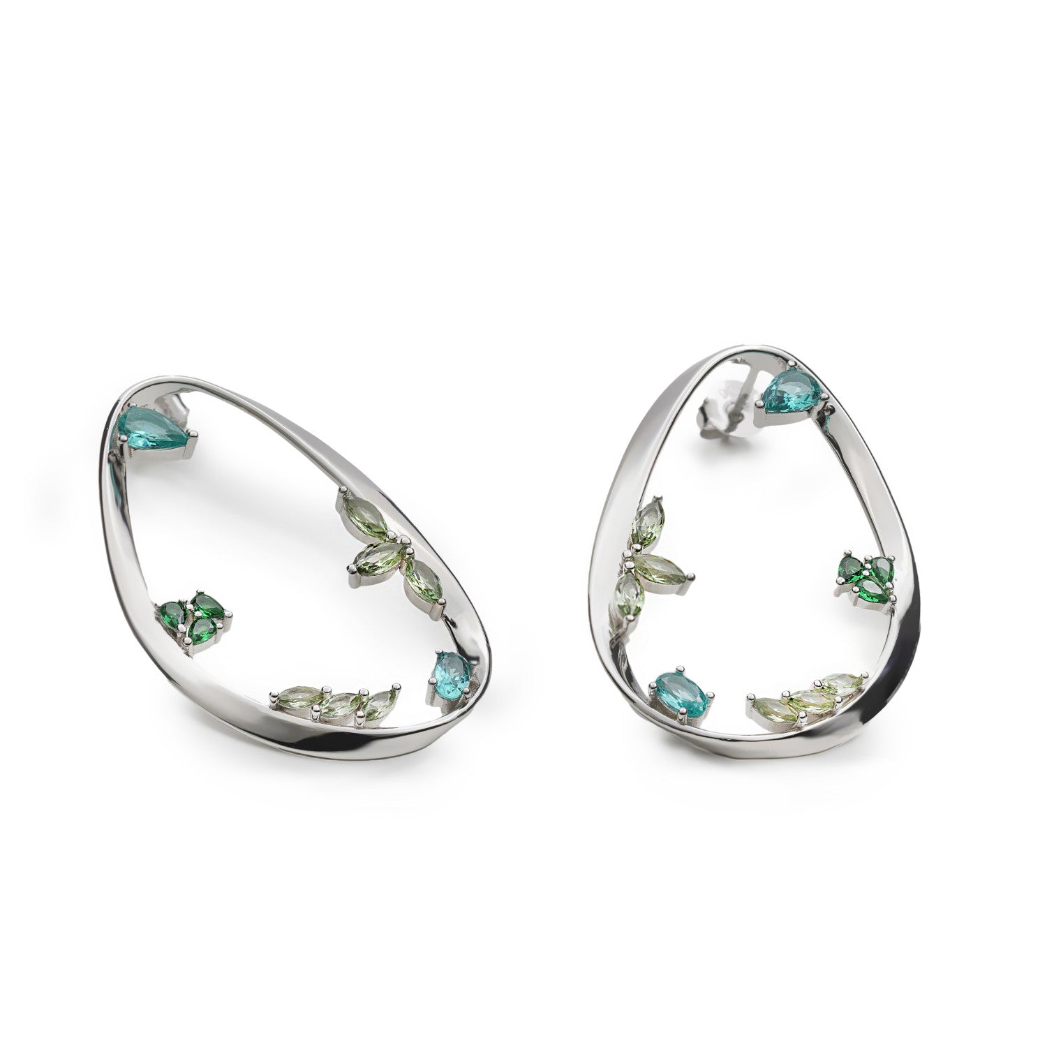 Pendientes de plata grandes originales con gemas en tonos verdes