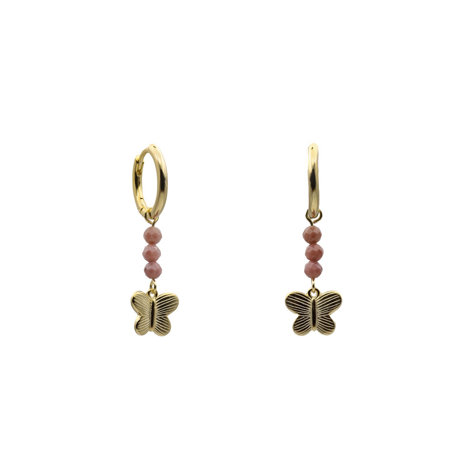 Pendientes de plata 925 bañada en oro tipo aro con mariposa y piedras rosas
