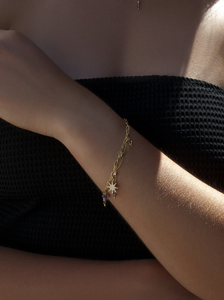 Gilded 925 sterling silver North Star bracelet with lilac stone charms and a blue detail