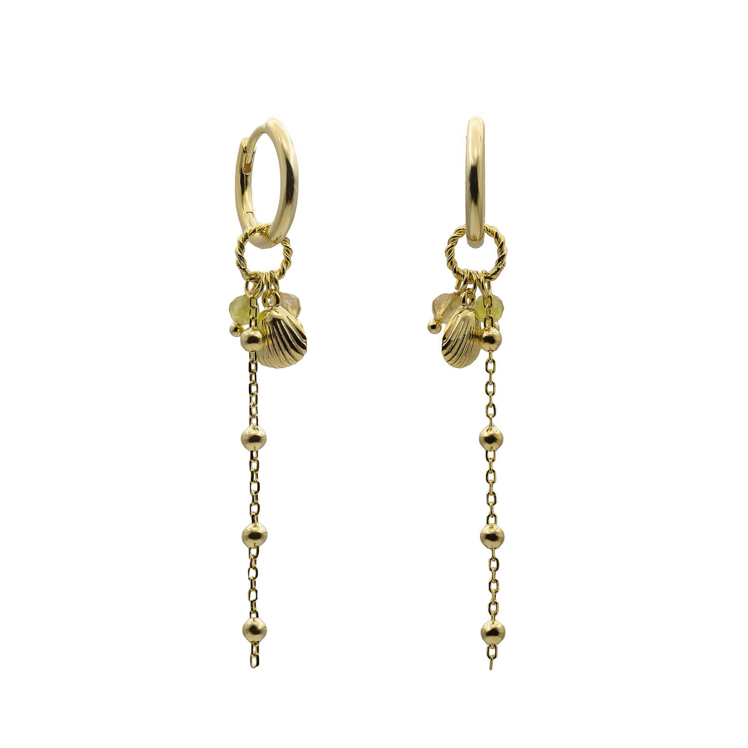 Pendientes de plata 925 dorada con concha marina y cadena colgante
