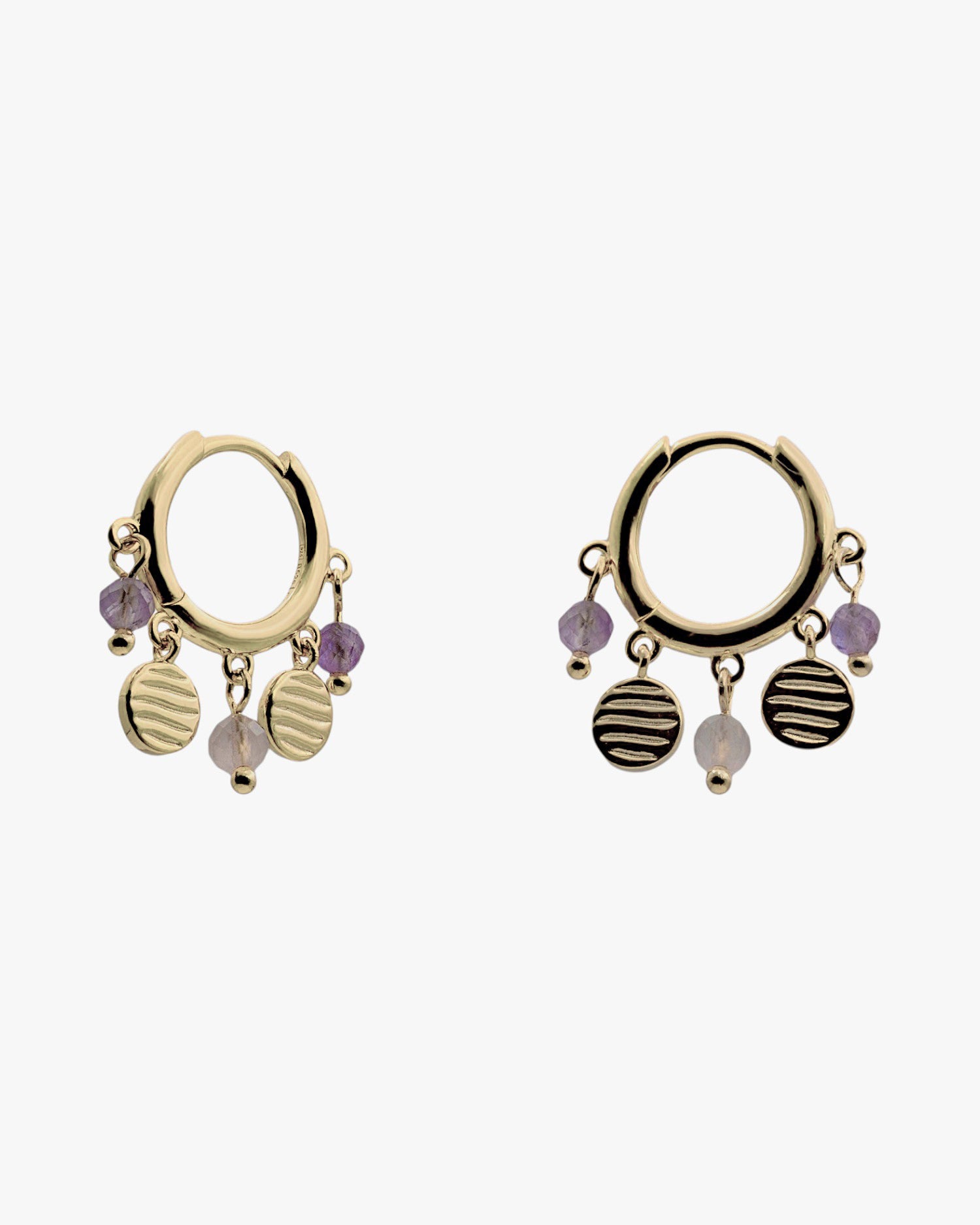 Pendientes aro de plata 925 dorada con charms y piedras lila