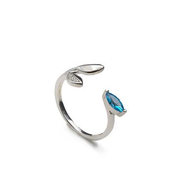 Anillo abierto de plata 925 con hoja y piedra azul marquesa