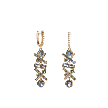 Pendientes largos de plata 925 bañada en oro con circonitas azules y verdes