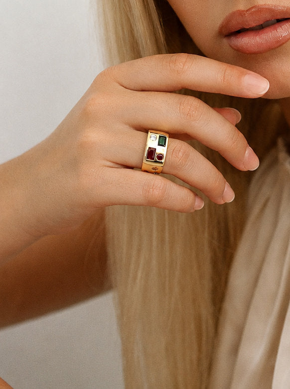 Wide multicolor mosaic ring in 925 sterling silver with gold plating