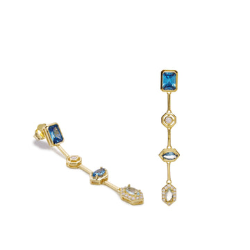 Pendientes largos geométricos de plata bañada en oro con piedras azules