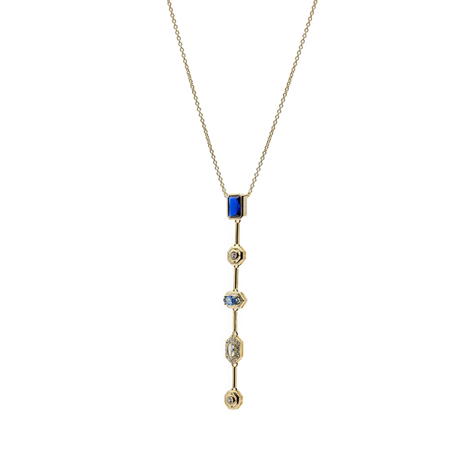 Collar colgante lineal de plata bañada en oro con piedra azul