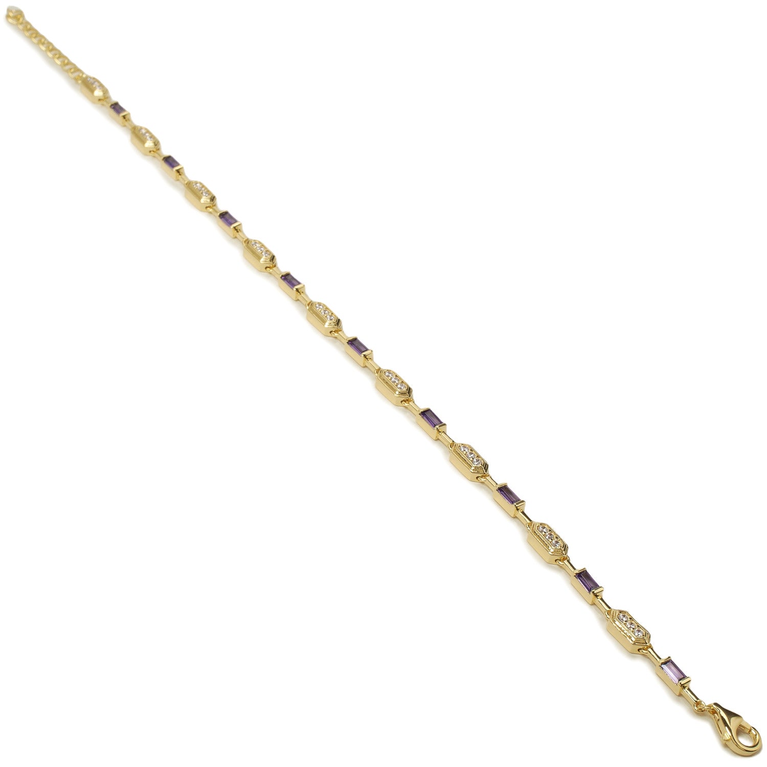 Pulsera dorada de plata art déco de eslabones con circonitas blancas y lila baguette