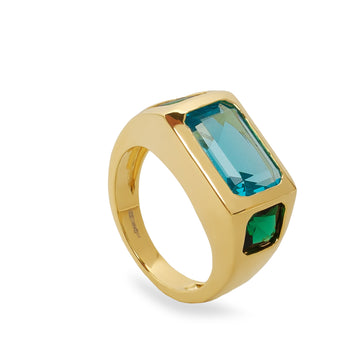 Anillo sello de plata bañado en oro con piedras aguamarina y verde