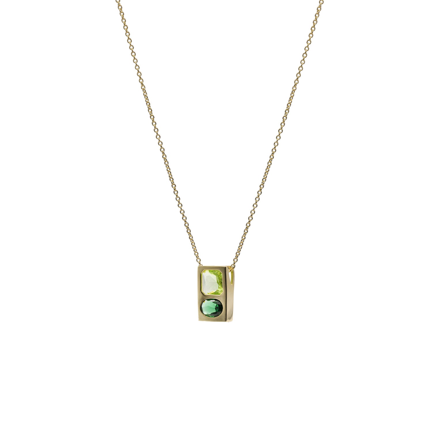 Collar de plata baño en oro con colgante geométrico y piedras verdes