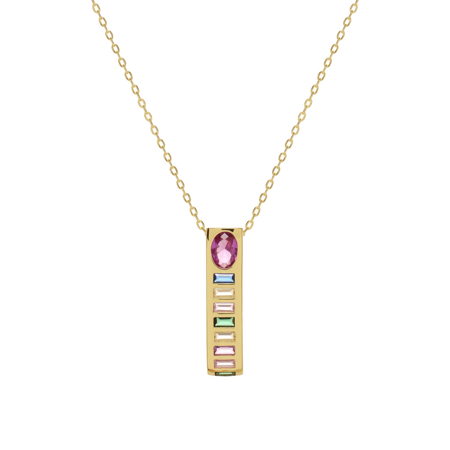 Collar colgante prisma rosa con circonitas multicolor de plata bañada en oro
