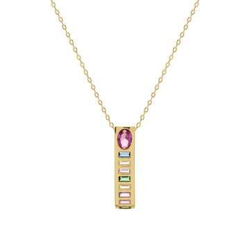 Collar colgante prisma rosa con circonitas multicolor de plata bañada en oro