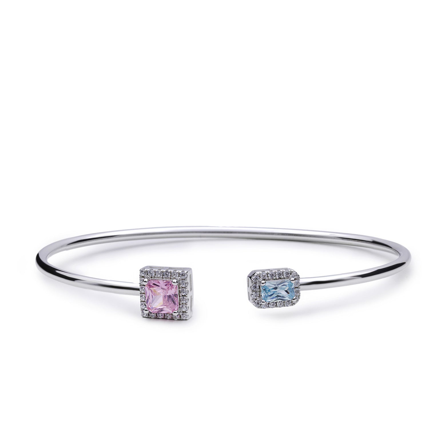 Pulsera rígida abierta de plata con circonitas rosa y azul