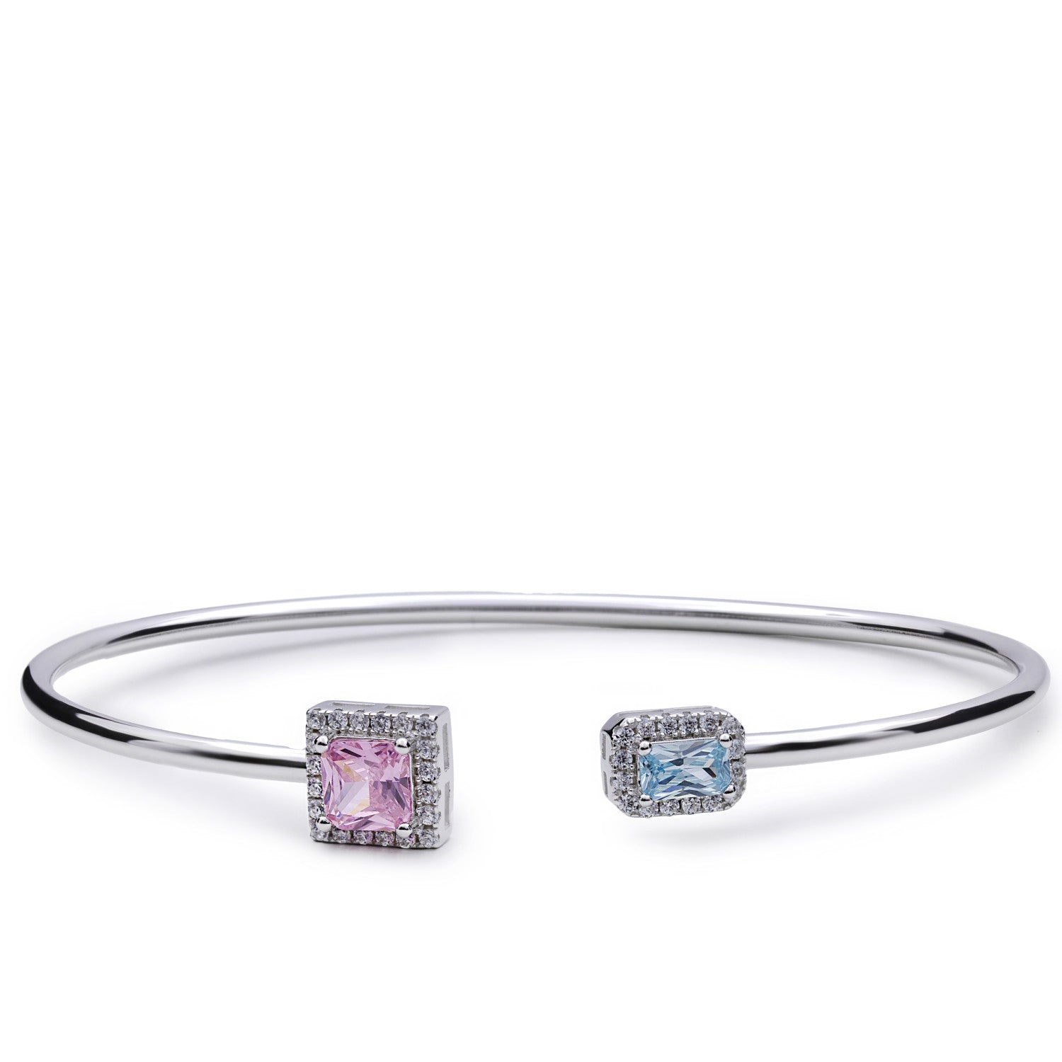 Pulsera rígida abierta de plata con circonitas rosa y azul