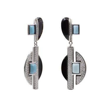Pendientes largos geométricos de plata con turquesa y negro