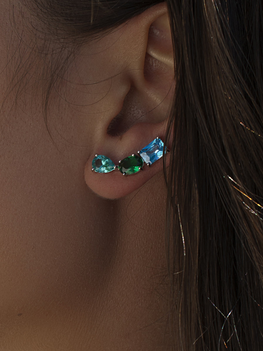 Boucles d'oreilles grimpantes argentées multicolores bleues et vertes