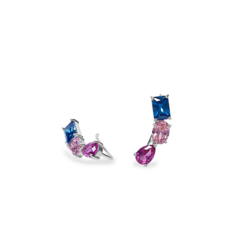 Pendientes trepadores plata tono azul zafiro y rosa