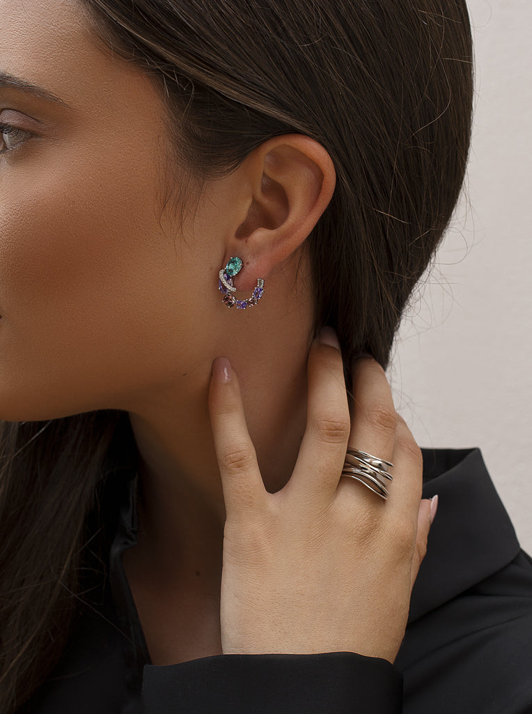 Pendientes media luna de plata multicolor en lila y turquesa