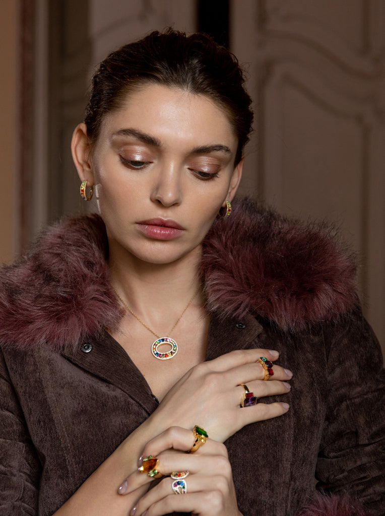 Gold-plated sterling silver necklace with a multi-colored cubic zirconia circular pendant