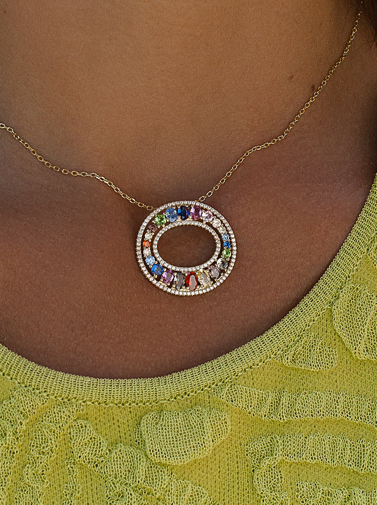 Gold-plated sterling silver necklace with a multi-colored cubic zirconia circular pendant