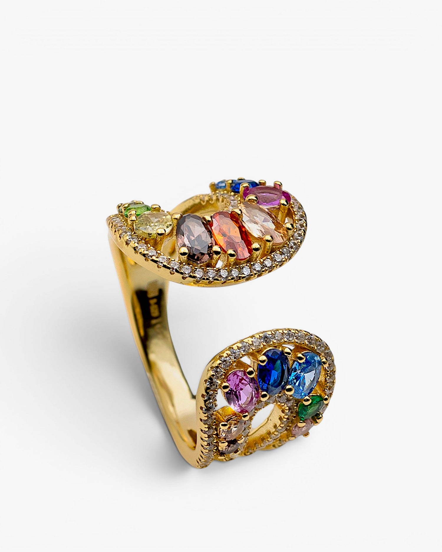 Anillo abierto de plata bañado en oro con circonitas multicolor | joya original