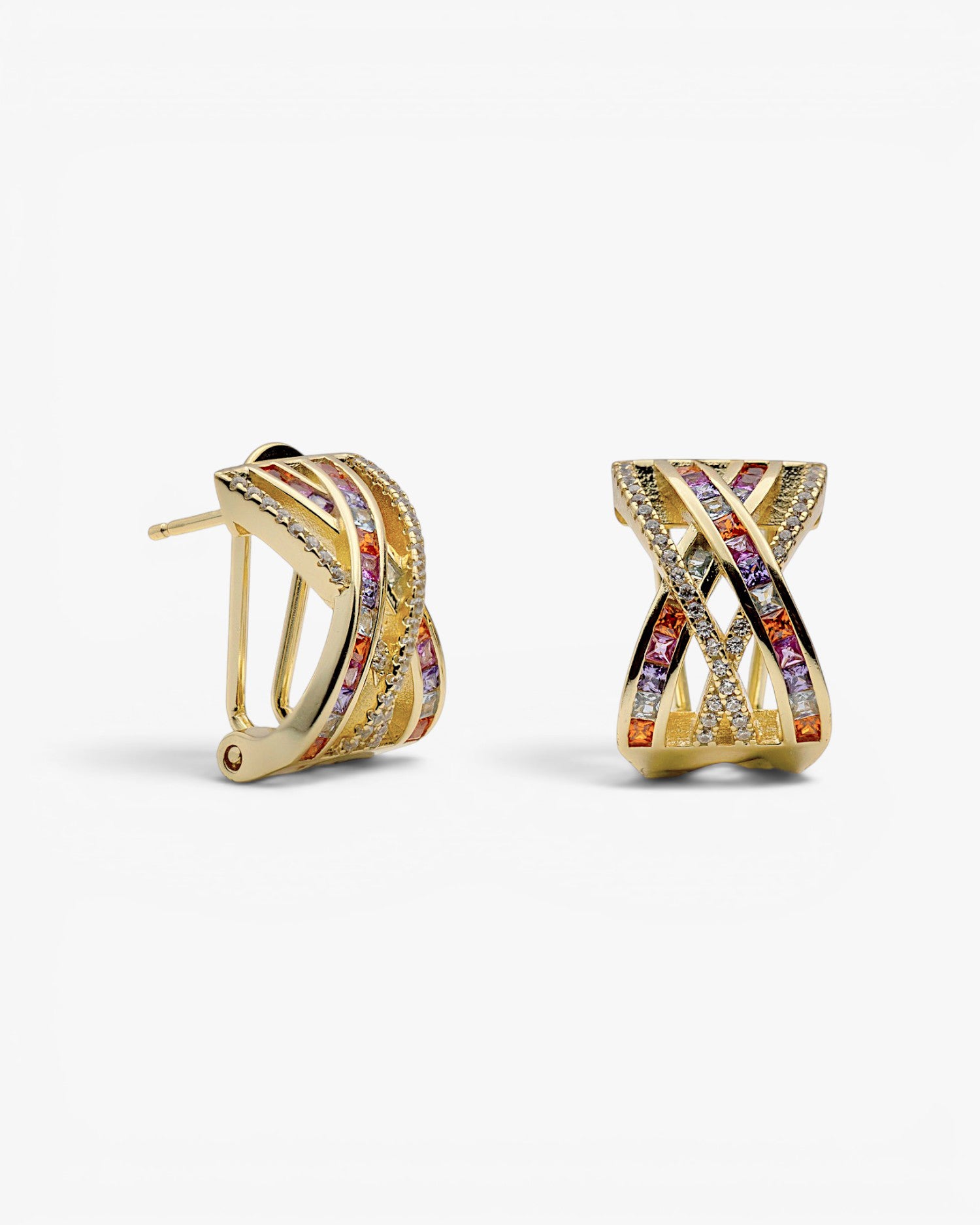 Gold-plated silver geometric earrings with multicolor stones