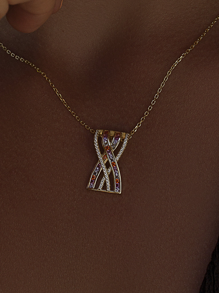 Gold-plated silver geometric pendant with multi-colored stones
