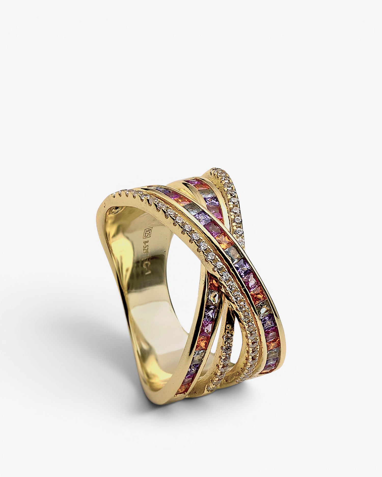 Gold-plated silver crossover ring with multi-colored stones