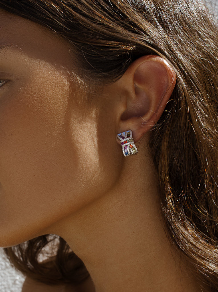 Silver bow earrings with multicolor zircons