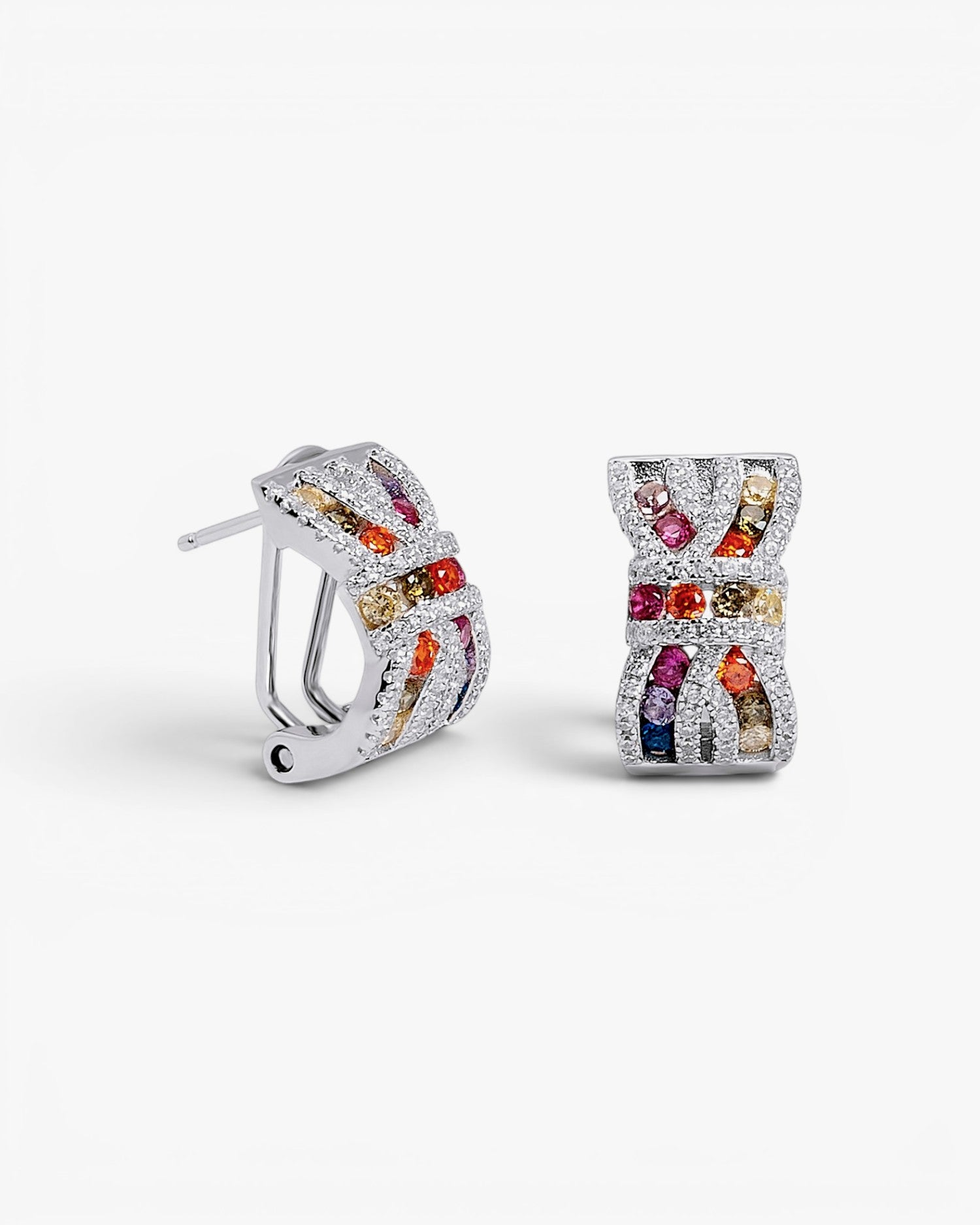 Silver bow earrings with multicolor zircons