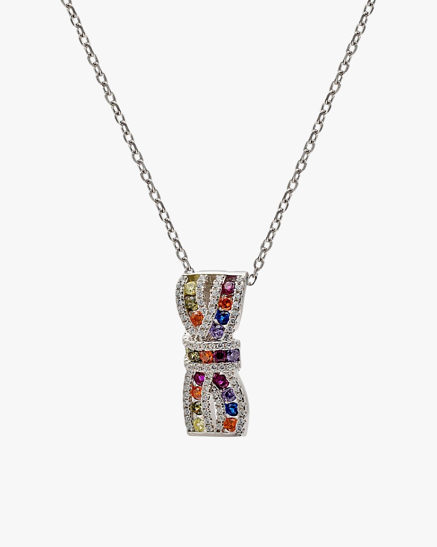 Multicolor cubic zirconia sterling silver bow pendant