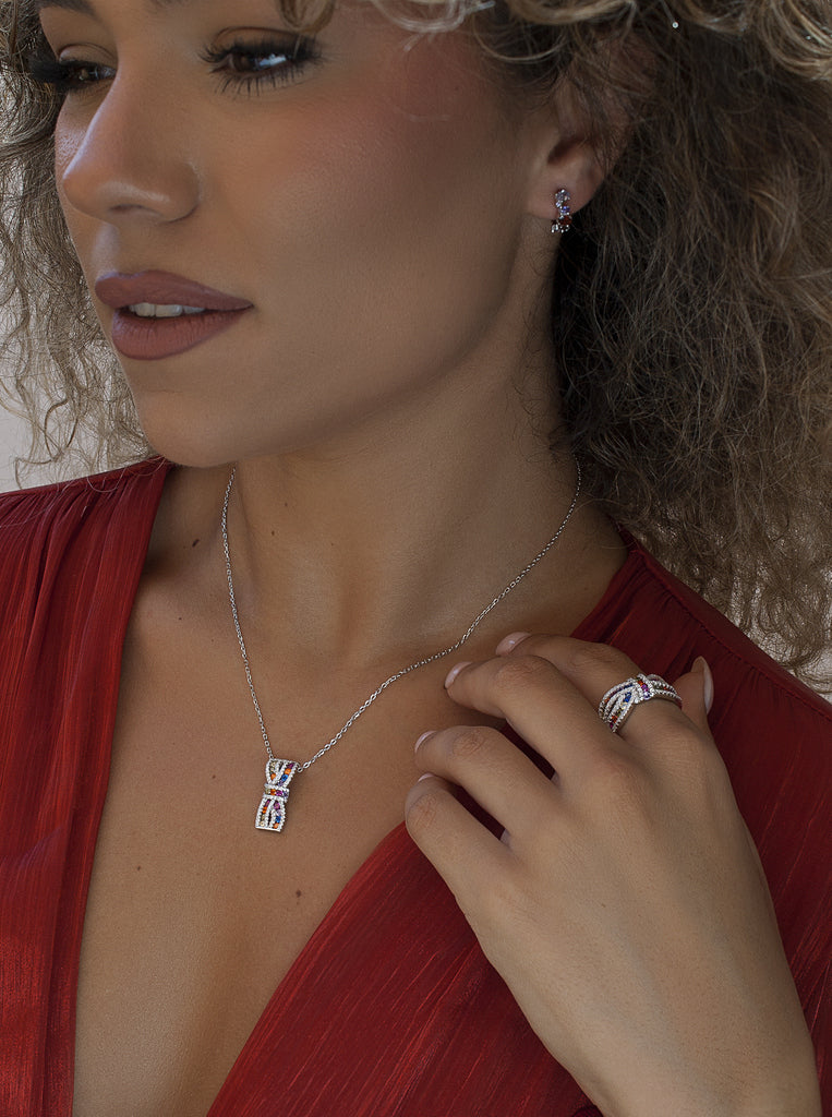 Multicolor cubic zirconia sterling silver bow pendant