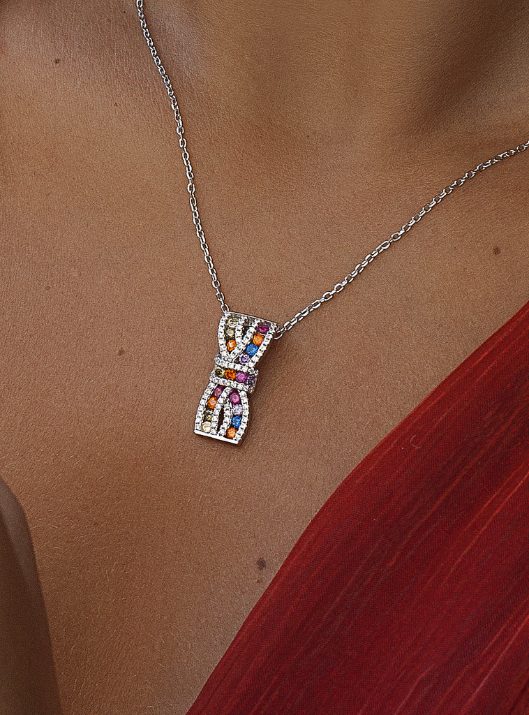 Multicolor cubic zirconia sterling silver bow pendant
