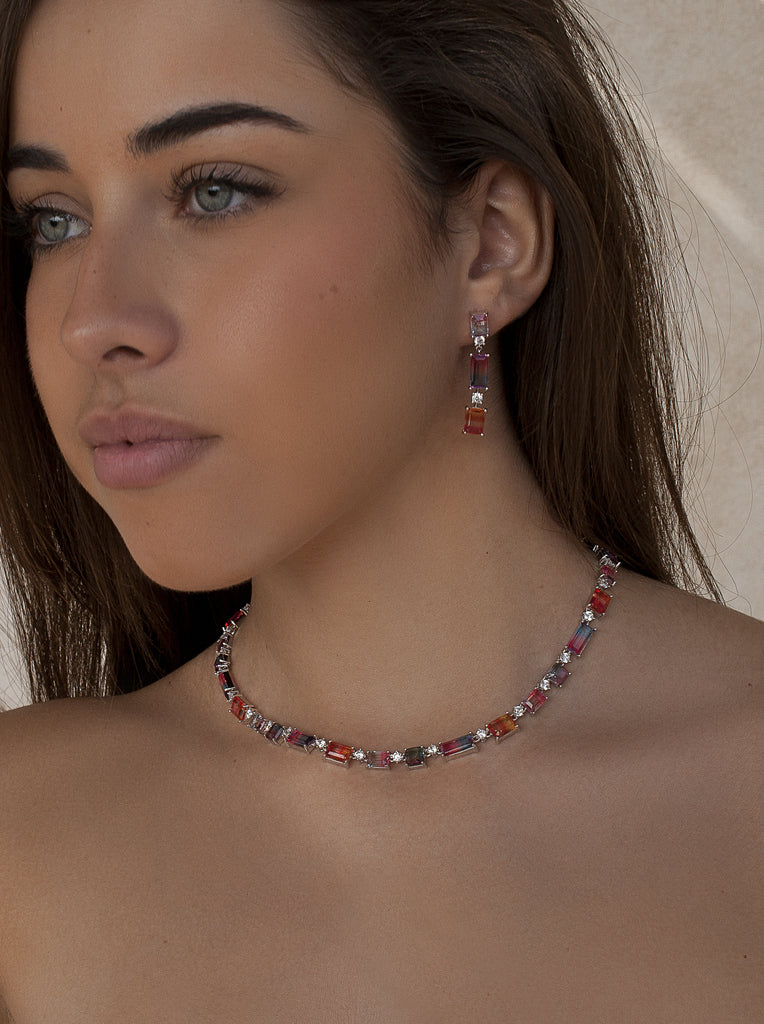 Pendientes largos de plata multicolor con circonitas