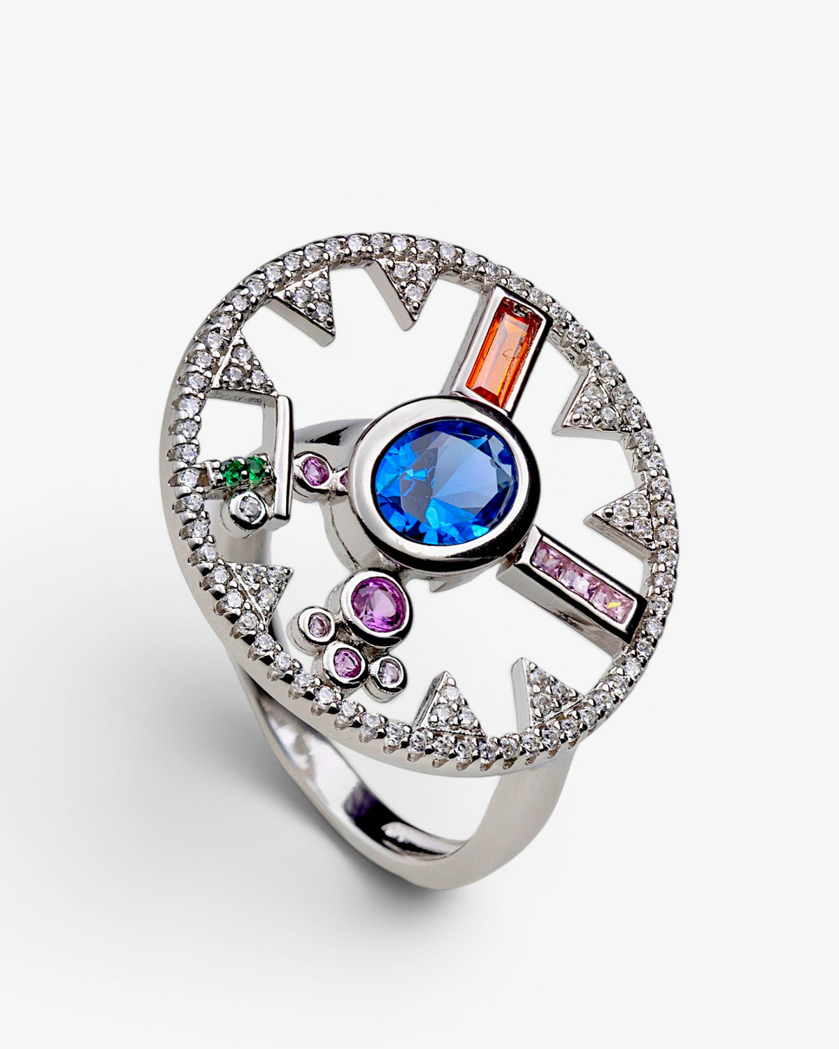 925 Sterling Silver Compass Ring with Zirconia and Central Blue Stone