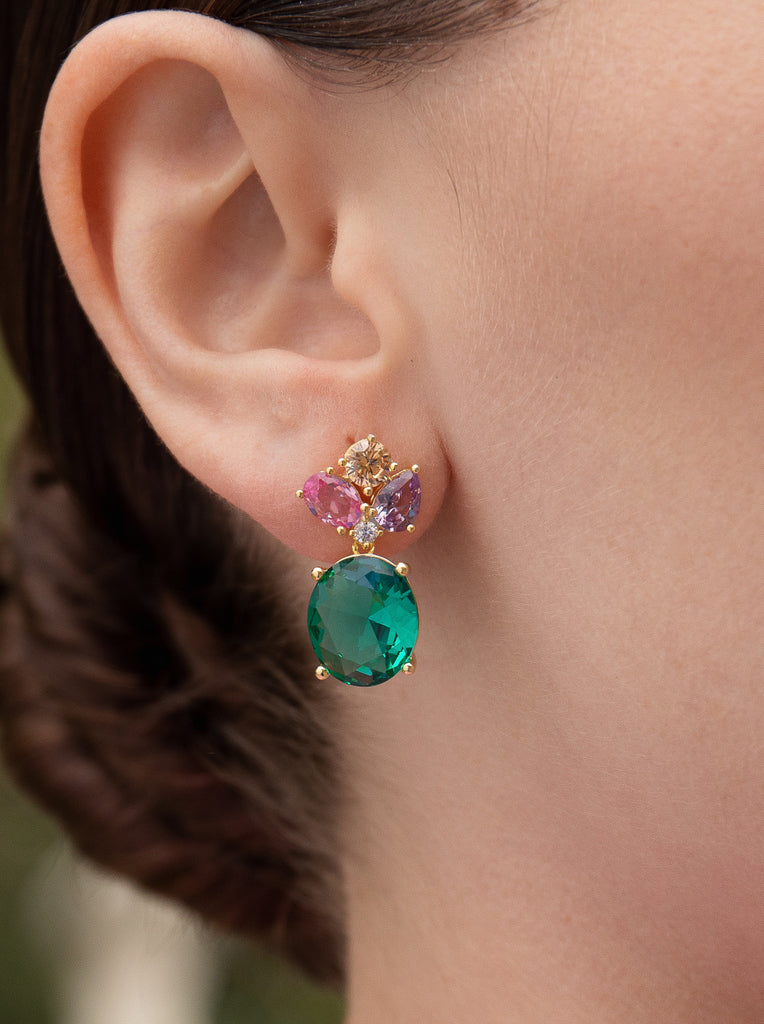 Pendientes de plata dorada con piedra verde multicolor