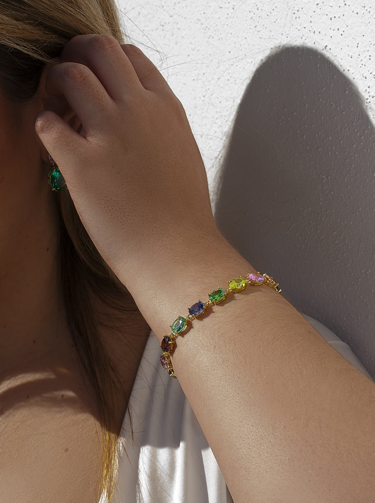 Pulsera de plata dorada con piedras ovales multicolor