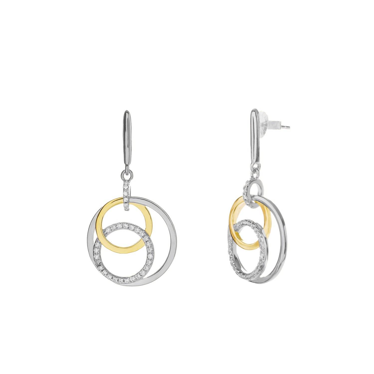 Pendientes colgantes bicolor de plata con circonitas diseño circulares