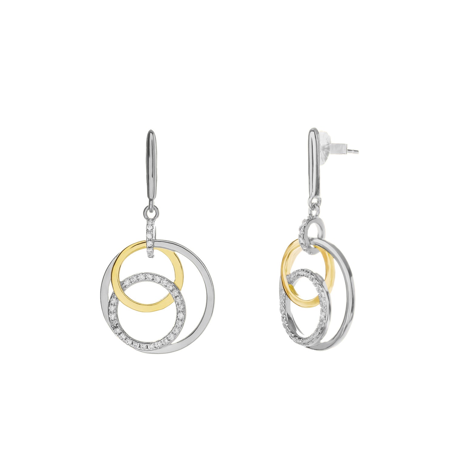 Pendientes colgantes bicolor de plata con circonitas diseño circulares