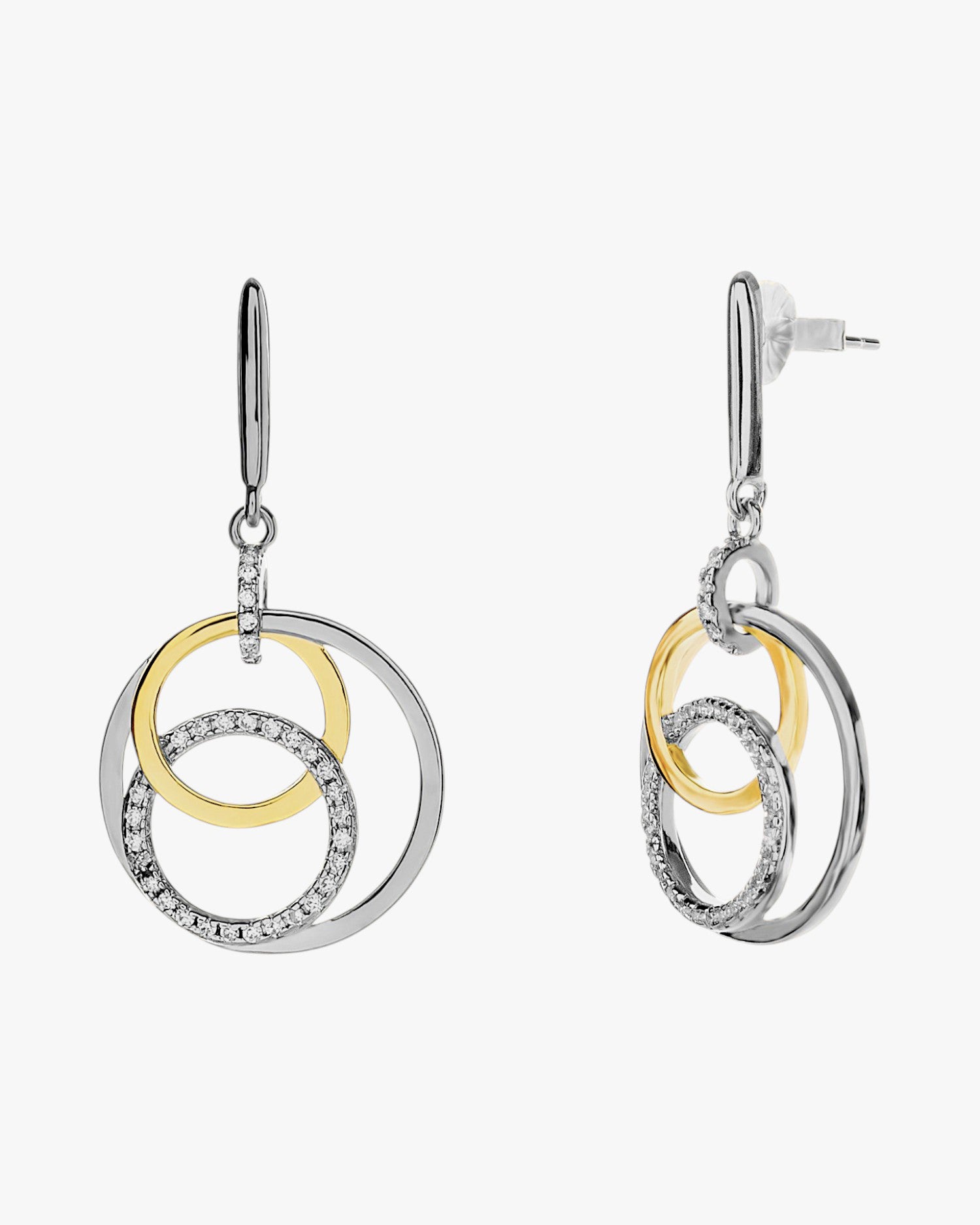 Two-tone silver drop earrings with circular cubic zirconia design